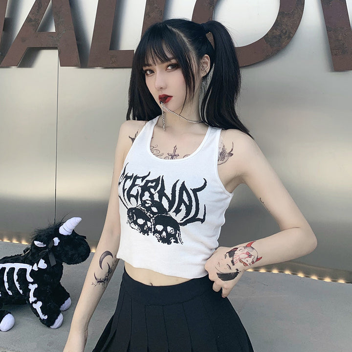 A gothic woman wearing a black crop top with skull motifs, the Mortal Mesh: Navel Cropped Short Vest Female Gothic Style Vest Skull Print Top from Maramalive™.