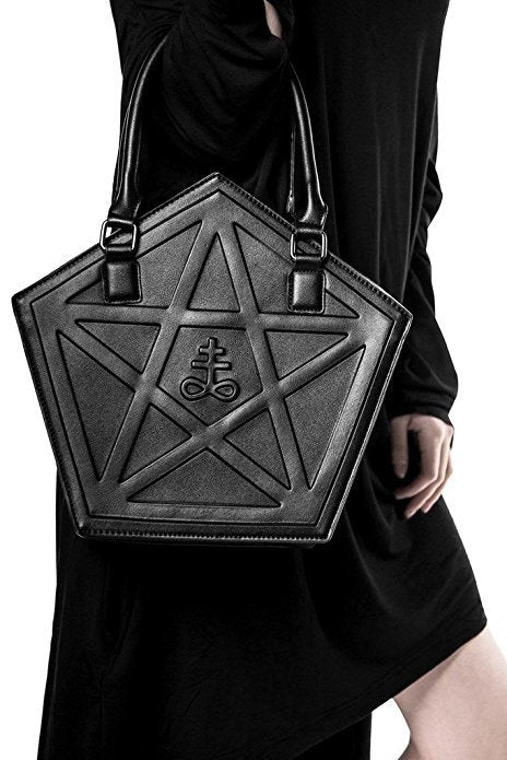 A Dark Gothic handbag by Maramalive™ with embossed chains and a pentagram design.