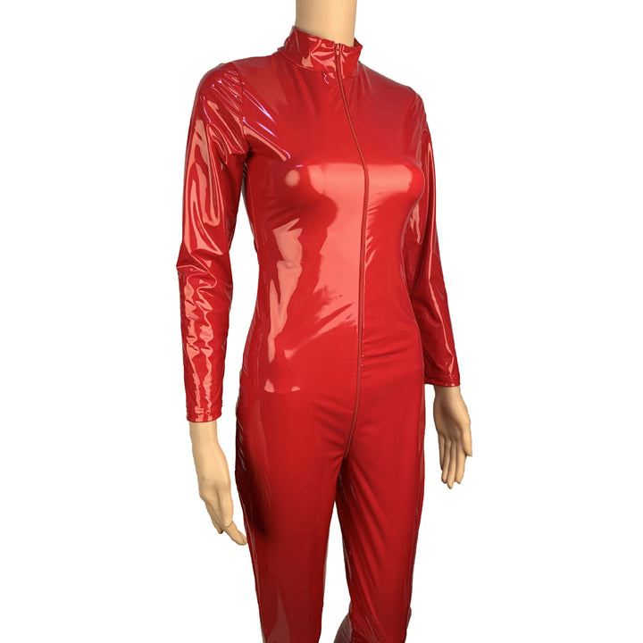 A woman in a red devil costume, with a fork in hand, showcasing the vibrant color and bold design of Maramalive™'s Patent Leather Halloween Wings Angels & Demons Costume.