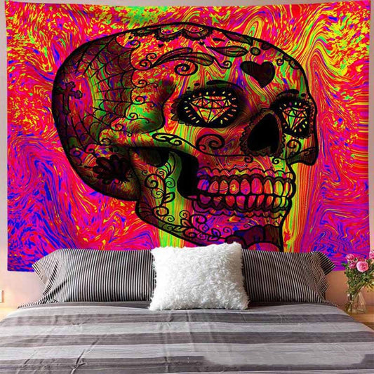 A modern style Crossbones Boho Floral Hippie Tapestry adorned with a colorful sugar skull design, made from machine washable polyester fiber by Maramalive™.
