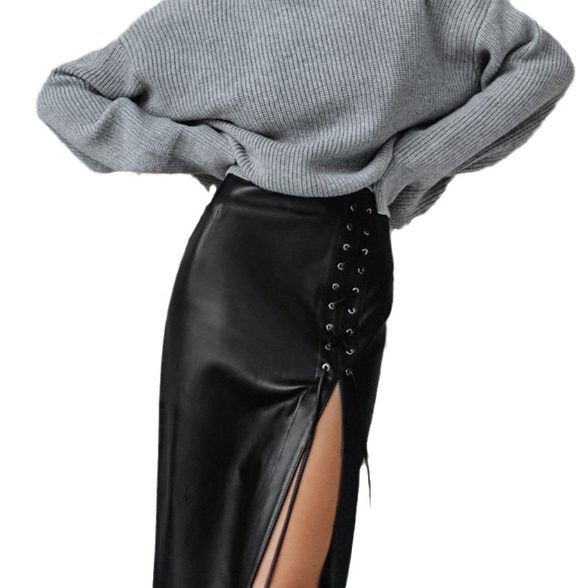 Laced Black Leather Skirt | Side Split Punk Vegan-friendly