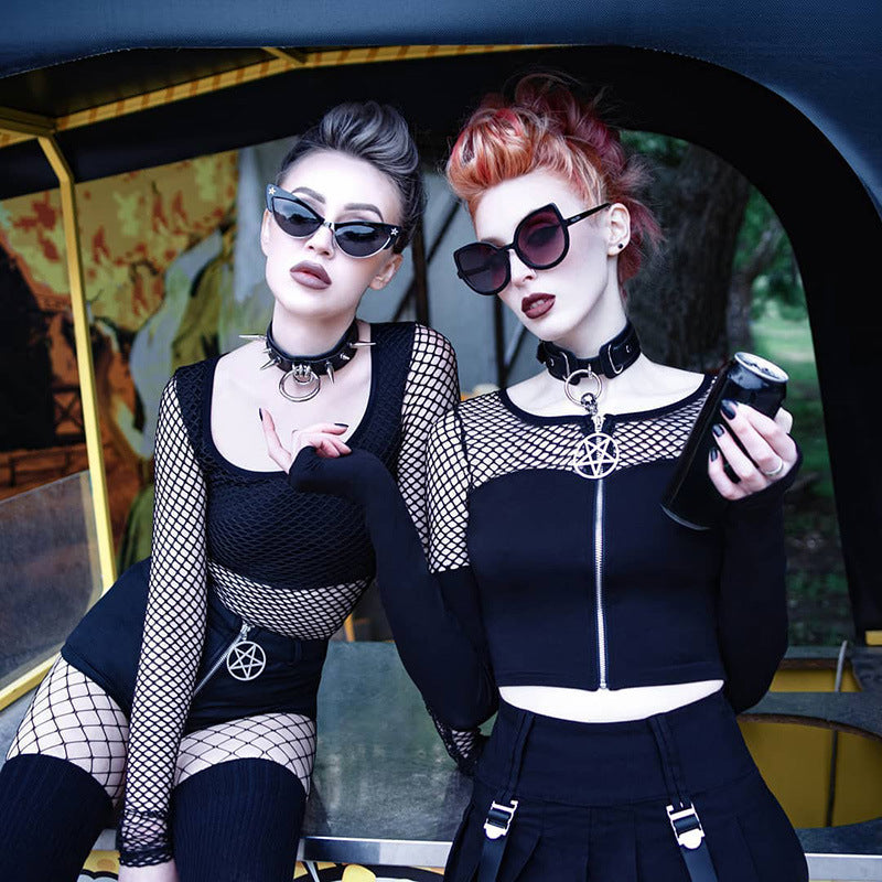 Two women in Maramalive™ gothic outfits posing next to a car, wearing Maramalive™ cotton fabric T-shirts.