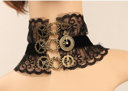 A mannequin wearing an Elegant Black Lace And Metal Gears Steampunk Choker by Maramalive™.