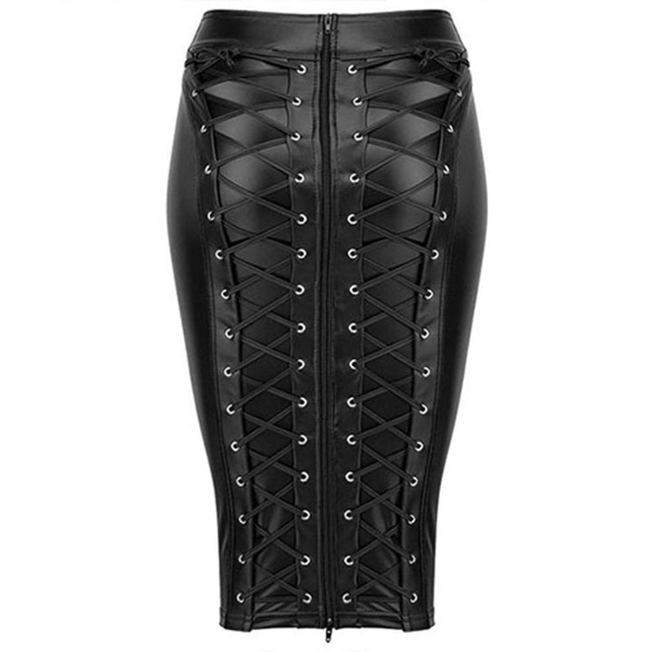 A patent leather hip skirt with lace detailing, made of artificial leather.