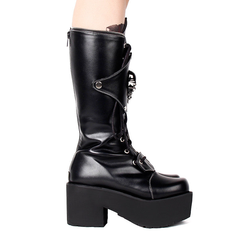 Zipper Studded Skull Punk Thick-soled High Boots