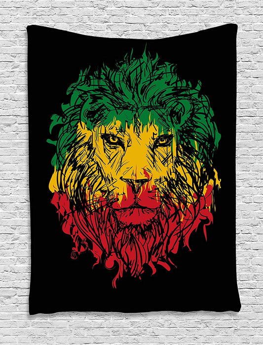 A Maramalive™ tapestry with a Calico lion headband black background wall hanging suitable for bedroom living room dormitory light green and yellow on it.