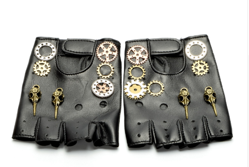 A pair of Steampunk Retro Lolita Jewelry Gloves by Maramalive™ with gears on them.