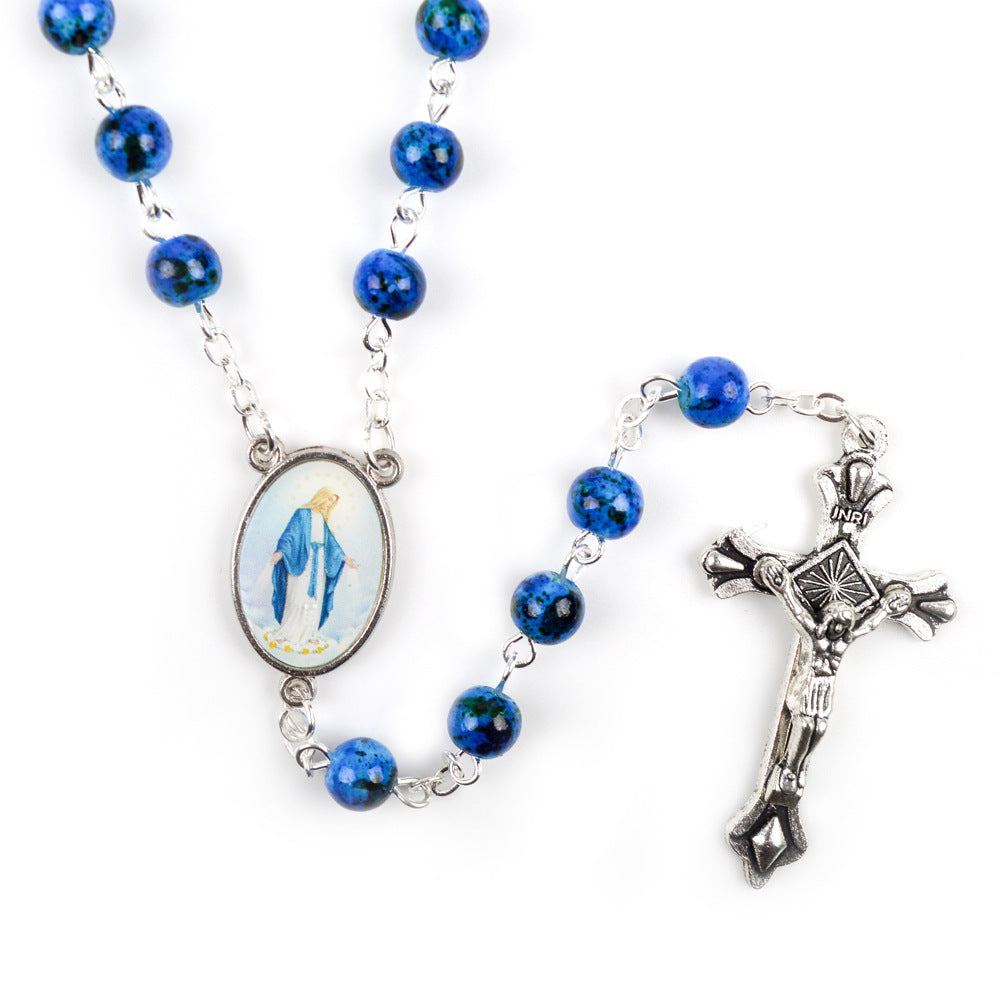 Blue glass virgin mary rosary necklace