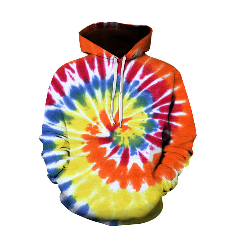 Hooded pullover with a vibrant tie-dye pattern featuring spirals of red, yellow, blue, and orange, embodying European and American style. Crafted from durable polyester fiber. Introducing the Maramalive™ 3D Digital Printing Couple Wear Trend Fashion Sweater Hoodie.