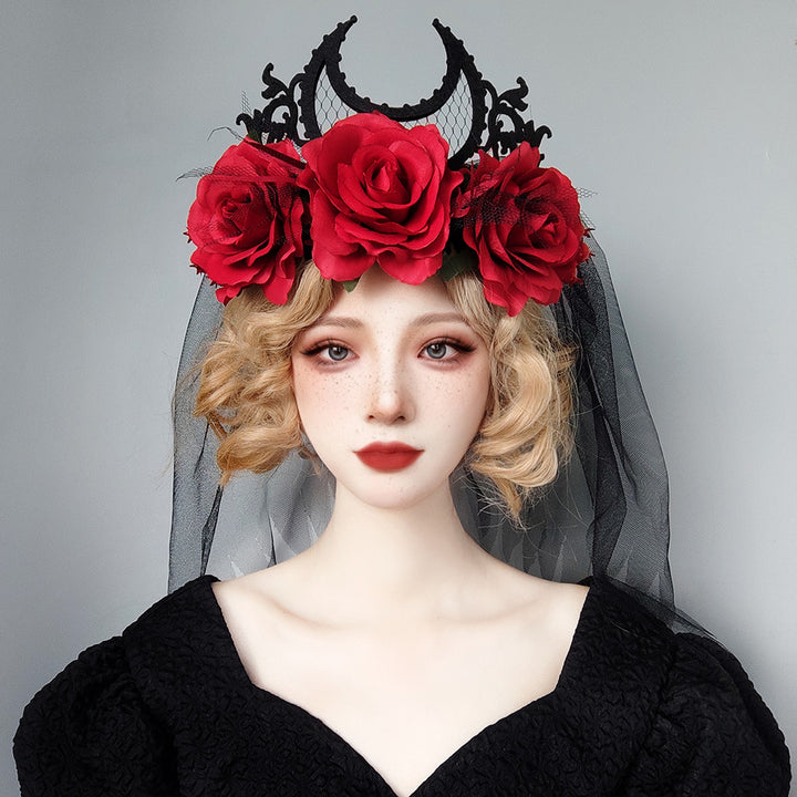 A Maramalive™ gothic queen wearing a black dress adorned with red roses, personifying the Gothic Style The Veil Between Worlds on Halloween.