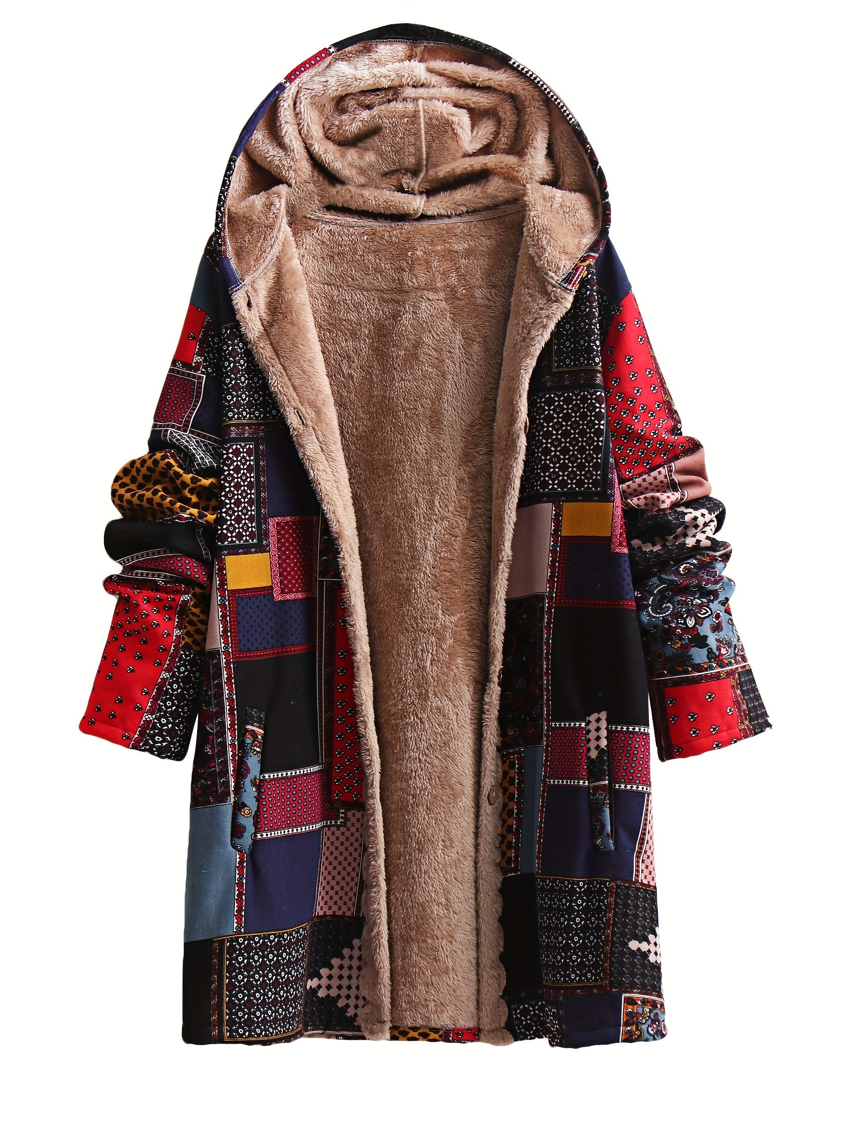 Plus Size Boho Coat, Women's Plus Patchwork Print Liner Fleece Long Sleeve Button Up Hooded Tunic Coat With Pockets