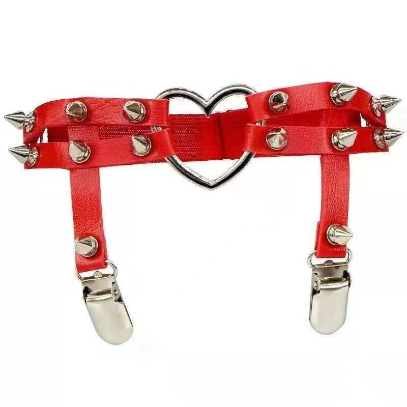 Punk Faux Leather Choker - Gothic Spiked Heart Necklace red leather