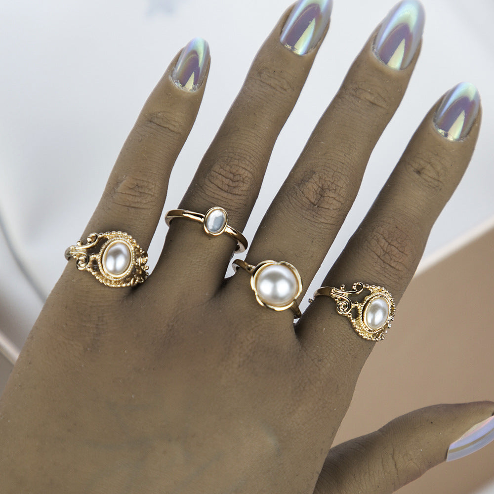 Pearl Ring Set Four-Piece Metal Ring Women