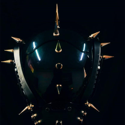 A Maramalive™ Gothic Mechanical Ascent Mask featuring retro helmet design adorned with spikes and rivets, with the empowering phrase "be brave, you.