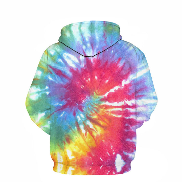A 3D Digital Printing Couple Wear Trend Fashion Sweater Hoodie featuring a radial burst pattern in various colors including red, yellow, blue, green, and orange, embodying European and American style. Made of durable polyester fiber, this Maramalive™ hooded pullover is perfect for vibrant and bold fashion statements.