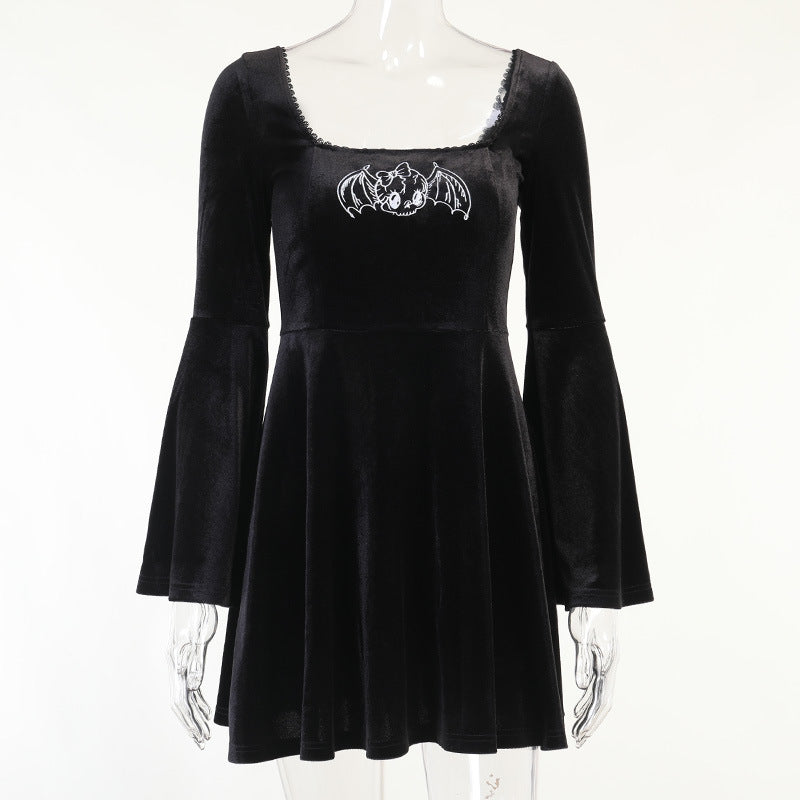 A Vintage Gothic Dress Strapless Lantern Sleeve Velvet Patchwork Mesh Dark Black with a ruffled sleeve by Maramalive™.