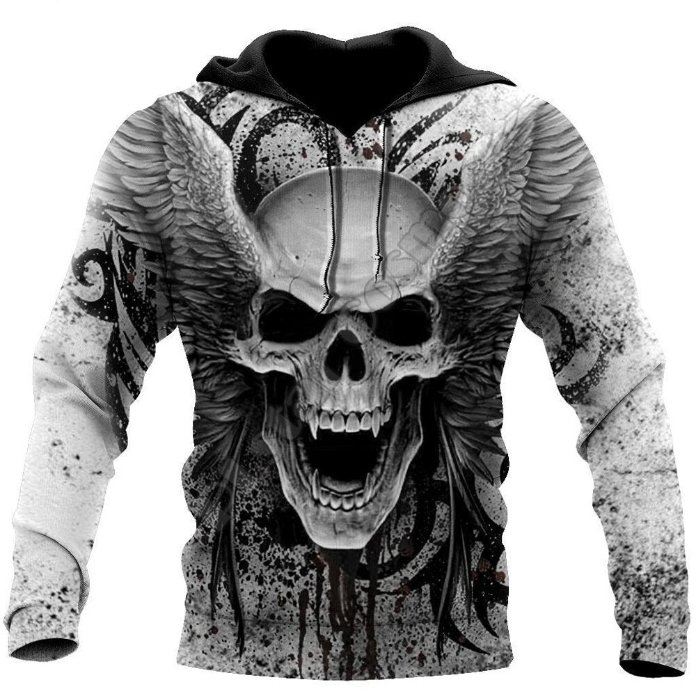 This Maramalive™ Men's Hoodie 3D Digital Printing Hoodie features a large, detailed graphic of a winged skull with an open mouth on a white and black background with abstract patterns, all printed on durable polyester fabric.
