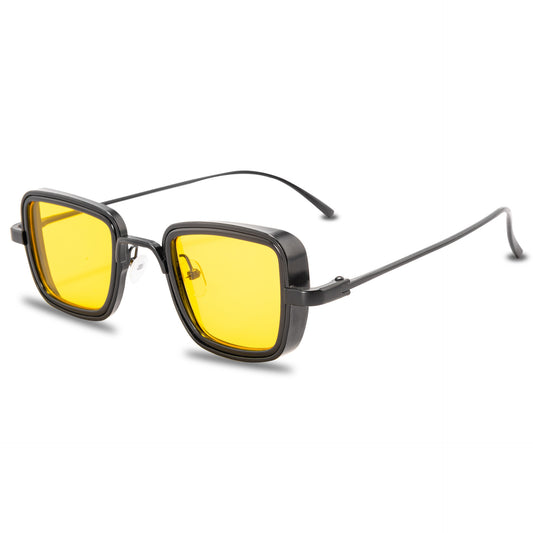 A pair of Maramalive™ Block Out the Sun in Retro-Cool Style Trend Vintage Square Sun Glasses with yellow lenses on a white background.
