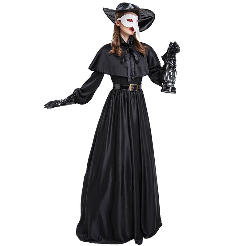 A woman dressed as a witch holding a Halloween Medieval Costume Crow Doctor Costume and a sword by Maramalive™.