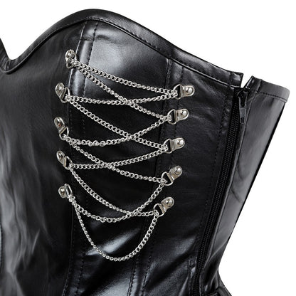 A Gothic Zipper Leather Steel Court Corset with metal straps.