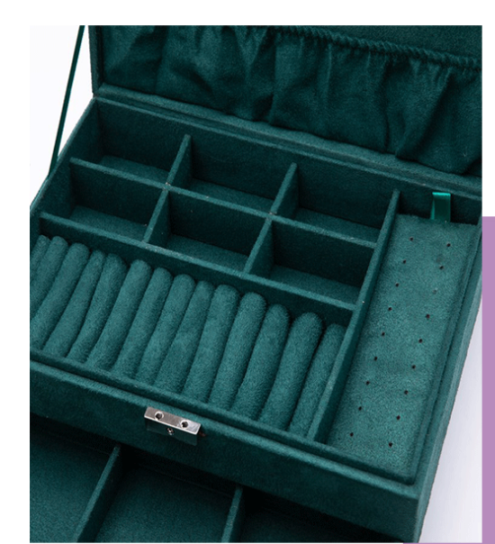 A Double Suede Black Green Maramalive™ jewelry box with a lot of Maramalive™ jewelry in it.