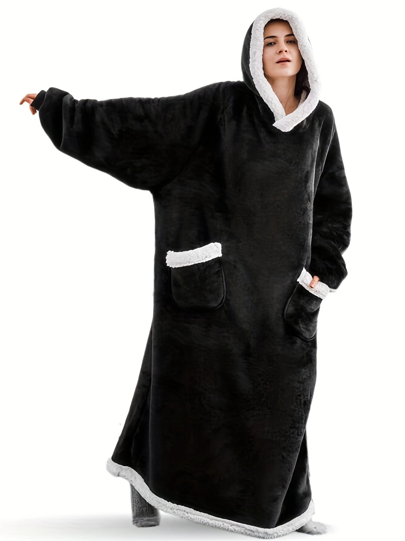 Plus Size Casual Loungewear Robe, Women's Plus Long Sleeve Oversized Flannel Hooded Wearable Fleece Blanket With Pockets