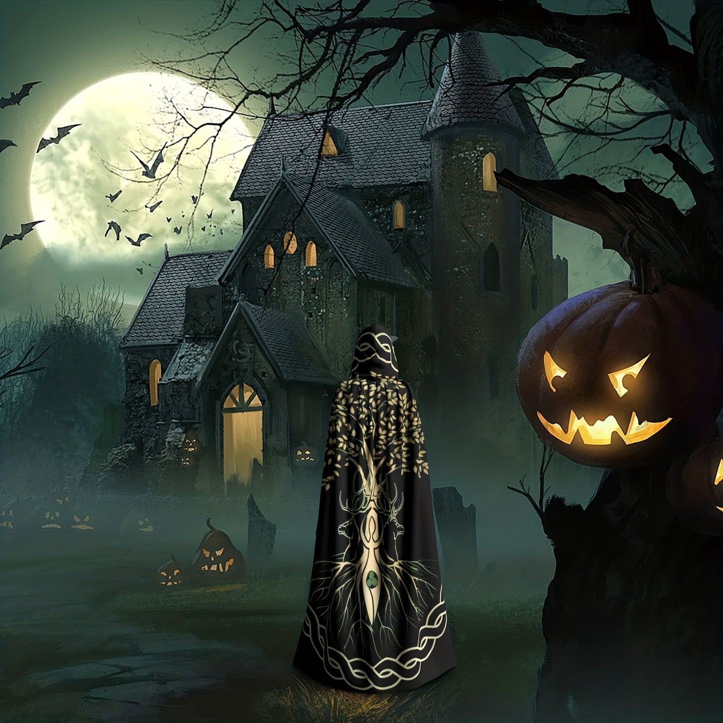 A figure in a black Maramalive™ 1pc, Nordic Style Viking Goddess Wiccan Wicca Halloween Wizard Witch Hooded Robe Cloak Christmas Hoodies Cape Cosplay For Adult Men Women Party Favors Supplies Dresses Clothes Gifts Costume stands in front of an eerie mansion under a full moon, surrounded by bats, fog, and a menacing jack-o'-lantern. The scene is reminiscent of vintage horror novels, steeped in spooky charm.