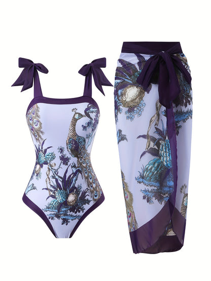 Peacock & Plant Graphic 2 Piece Swimsuits, Bow Tie Shoulder Straps Tummy Control One-piece Bathing-suit & Cover Up Skirt, Women's Swimwear & Clothing For Holiday
