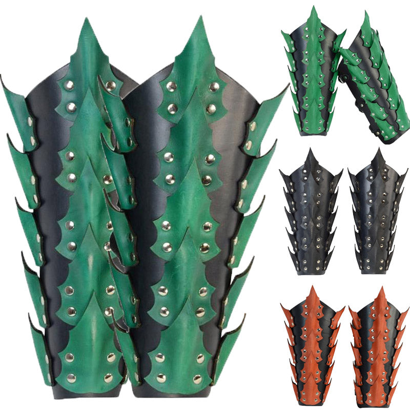 A set of Medieval Scaly Buckle Steampunk Lace arm bands in green, orange, and black leather by Maramalive™.