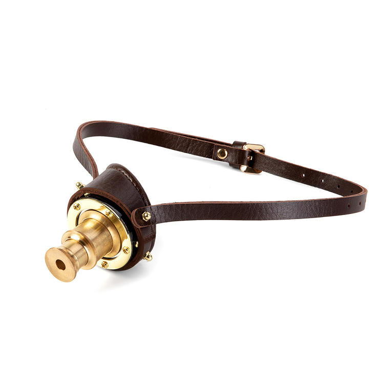 A Maramalive™ brown leather headband with a brass ring on it.
