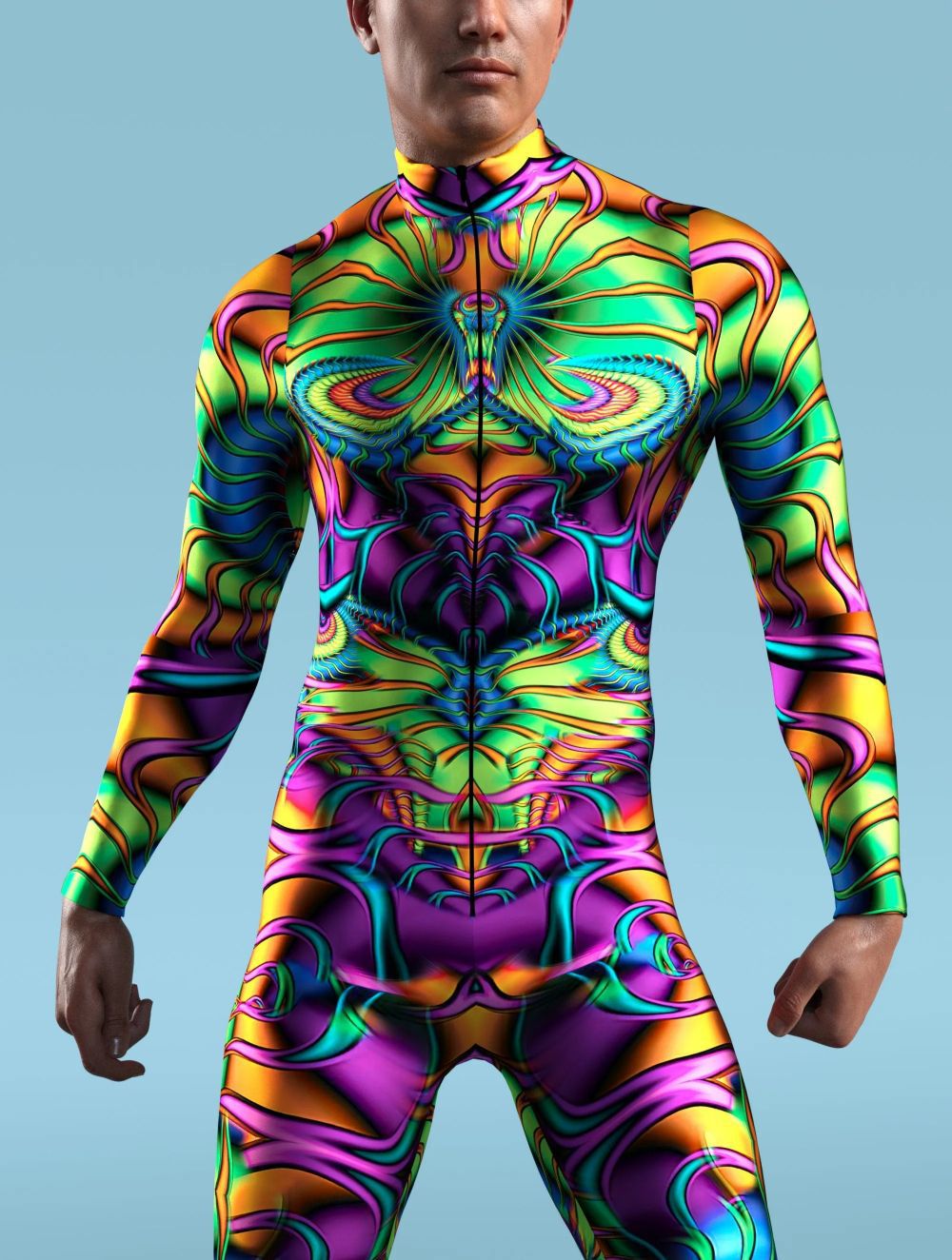 A man wearing a colorful, psychedelic-patterned Maramalive™ 3D Digital Printed Cosplay One-piece Costume made from a chemical fiber blend strikes a pose against a plain blue background, evoking European and American style with an air of game animation role-playing.