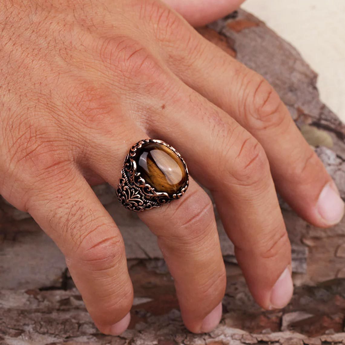 Punk Glyph Tiger Stone Ring