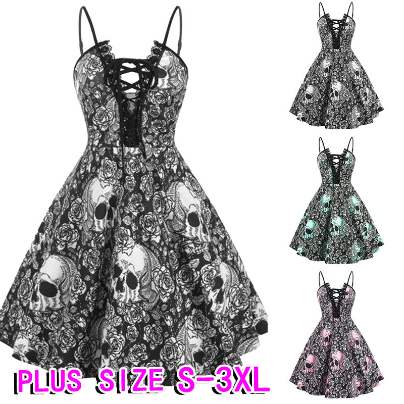 A black and white Women's Halloween Skull Print Sling Straps Waist And Large Retro Dress by Maramalive™ with skulls on it.