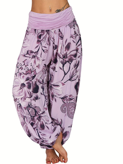 Boho Floral Print Ruched Harem Pants, Casual Bohemian Pants For Spring & Summer, Women's Clothing