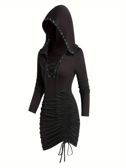 Maramalive™ Cross Tie Drawstring Ruched Hooded Tunics, Versatile Long Sleeve Solid Hooded Top, Women's Clothing with casual long sleeves and eyelet lace-up detailing on the chest and front. The skirt portion is ruched with adjustable drawstrings, making it a perfect fall/winter outfit.