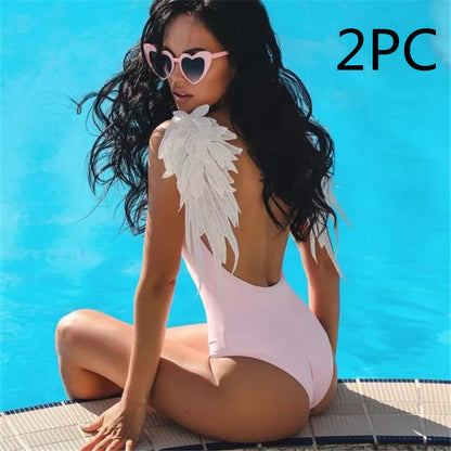New AliExpress One-Piece  European And American Women's Pure Color Angel Wing Swimsuit