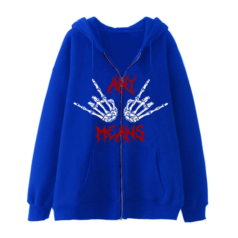 A Dark Zipper Men's Sweatshirt Punk Hand Bone Print Hoodie, crafted like a cozy cotton sweatshirt, featuring a design with skeletal hands and red text that reads "Any Means" on the front, by Maramalive™.
