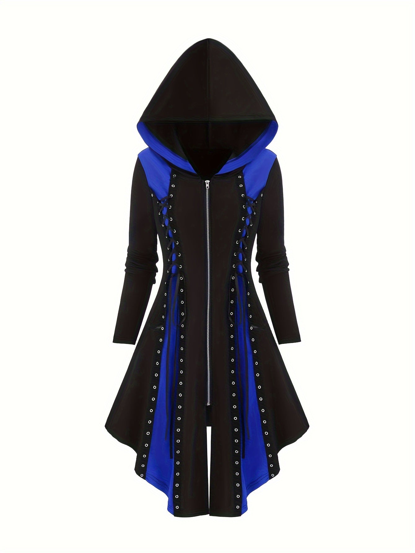 Plus Size Colorblock Zip Front Hooded Dress, Vintage Gothic Eyelet Detail Long Sleeve Dress, Women's Plus Size Clothing