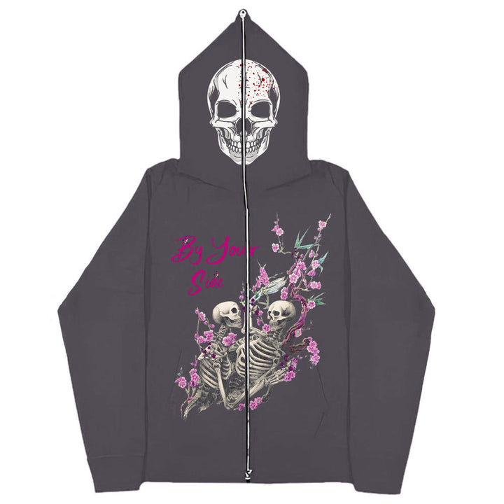 A Gothic Zipper Sweater: The Perfect Gothic Top Multi-colors from Maramalive™ featuring a large skull graphic on the hood and an illustration of two skeletons surrounded by pink flowers on the back. The text "Big Love Sade" is printed in pink, embodying a Gothic style.