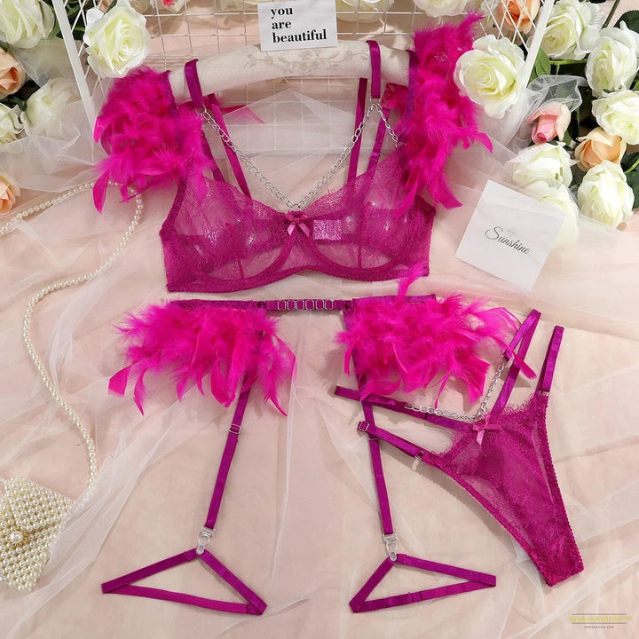 3-Piece Feather Decorated Lace Exotic Sets Women Sexy Lingerie Set Chain Panty Garter Fancy Luxury Kit