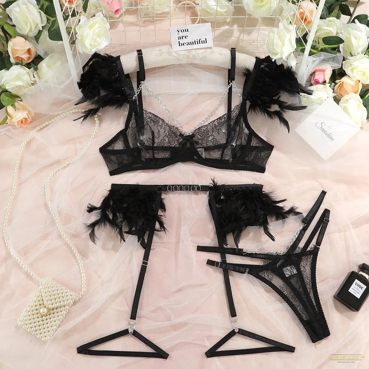 3-Piece Feather Decorated Lace Exotic Sets Women Sexy Lingerie Set Chain Panty Garter Fancy Luxury Kit