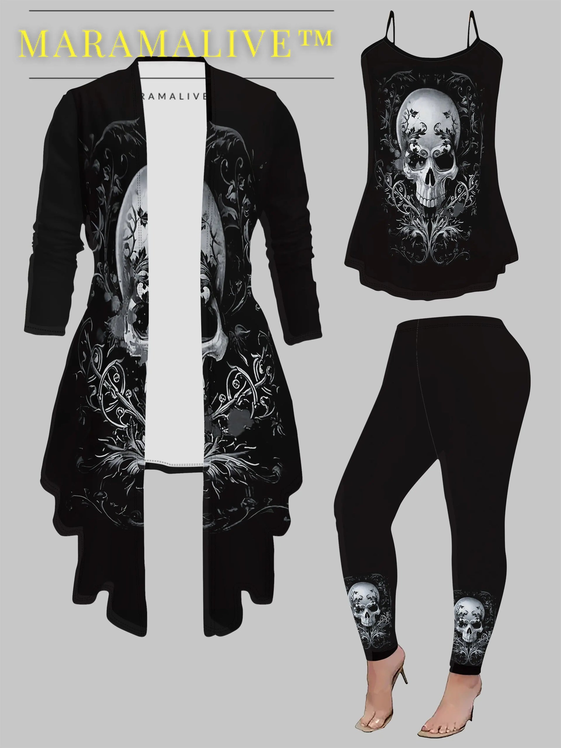 3-piece3-piece Gothic Skull Print Women's 3-Piece Set: Elegant Knit Top, Cardigan, and Pants - All-Season Polyester Gothic Skull Print Women's 3-Piece Set: Elegant Middle Eastern Style Knit Top, Cardigan, and Pants - All-Season Polyester