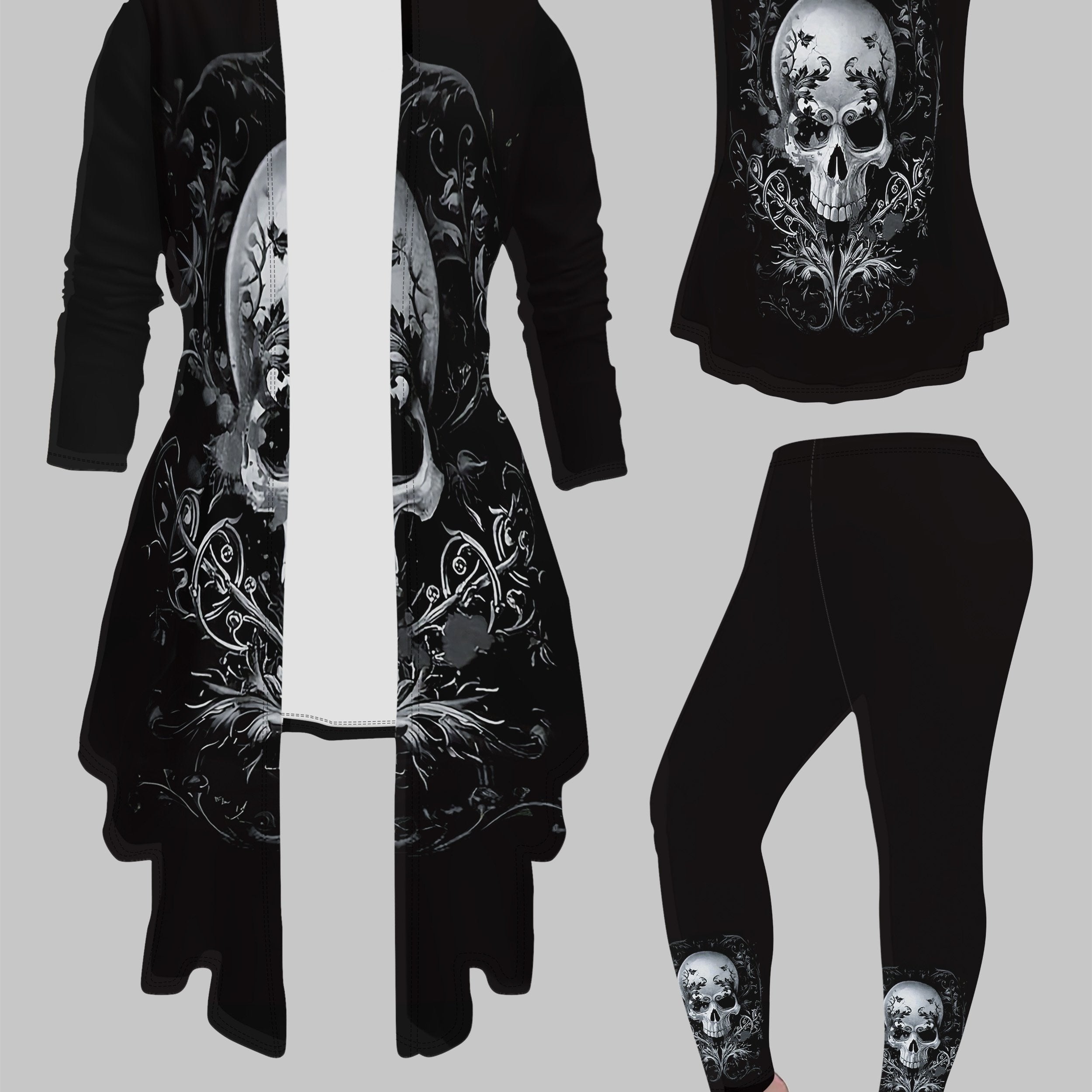 3-piece3-piece Gothic Skull Print Women's 3-Piece Set: Elegant Knit Top, Cardigan, and Pants - All-Season Polyester Gothic Skull Print Women's 3-Piece Set: Elegant Middle Eastern Style Knit Top, Cardigan, and Pants - All-Season Polyester