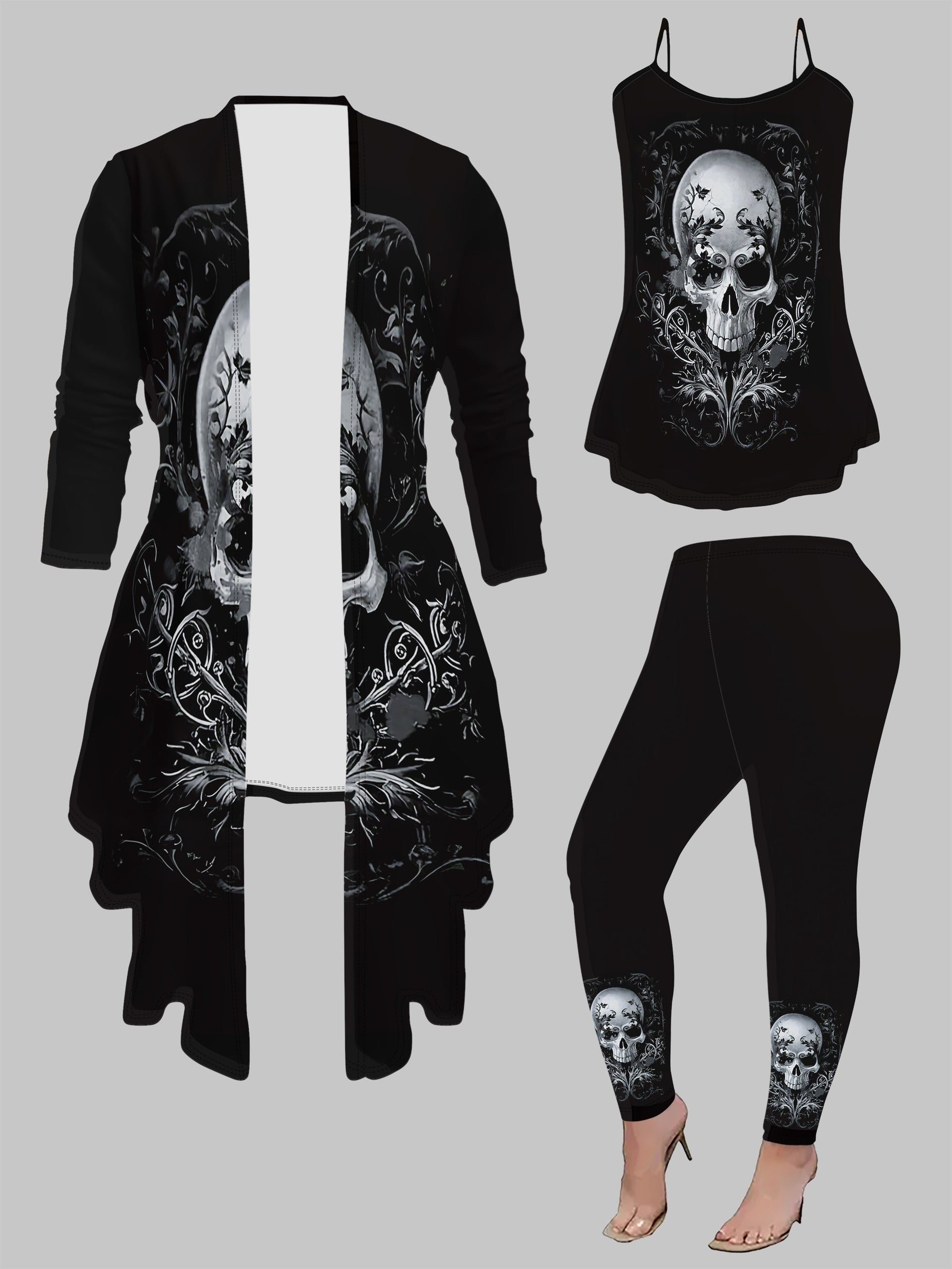 3-piece3-piece Gothic Skull Print Women's 3-Piece Set: Elegant Knit Top, Cardigan, and Pants - All-Season Polyester Gothic Skull Print Women's 3-Piece Set: Elegant Middle Eastern Style Knit Top, Cardigan, and Pants - All-Season Polyester