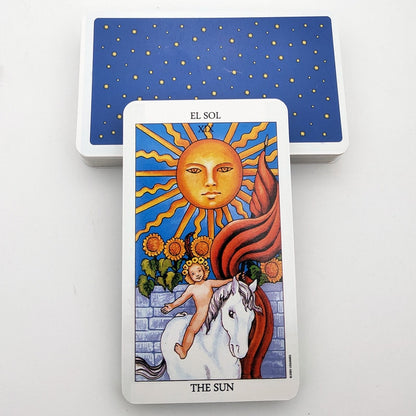 A Spanish bilingual knight tarot card with the sun on it, made by Maramalive™.
