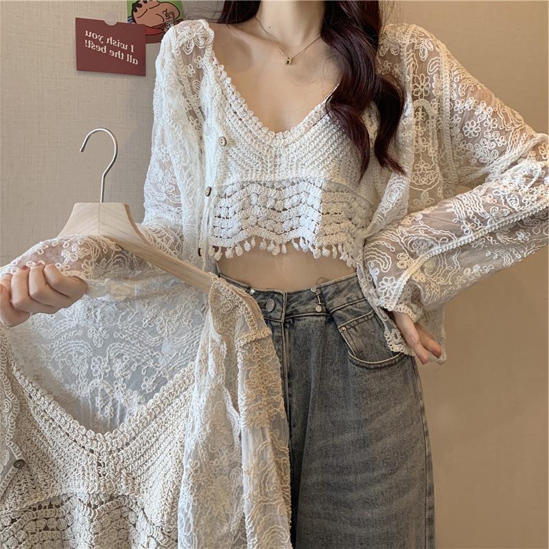 Person in a white lace crop top and lace cardigan adorned with crocheted flowers, holding another similar Crocheted Two-piece Set Female Summer New Western Style Blouse Top by Maramalive™, embracing a fresh and sweet style.