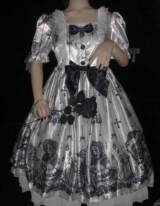 A girl wearing a Maramalive™ Gothic Short Sleeve Dress - Dark Underworld Style Dress.