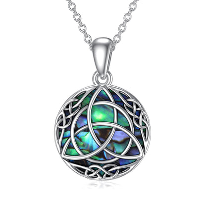Vintage Sterling Silver Trinity Celtic Knot Lucky Necklace With Simulated Abalone Shell