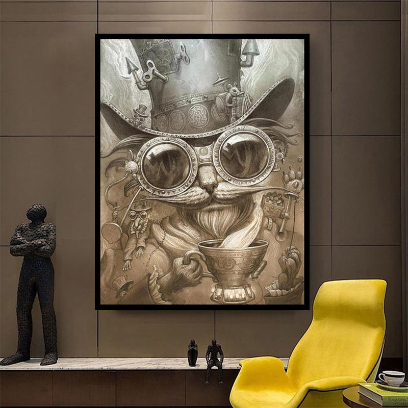 A Steampunk Cat Poster Canvas Frameless Home Decoration by Maramalive™ of a cat in a top hat and glasses.