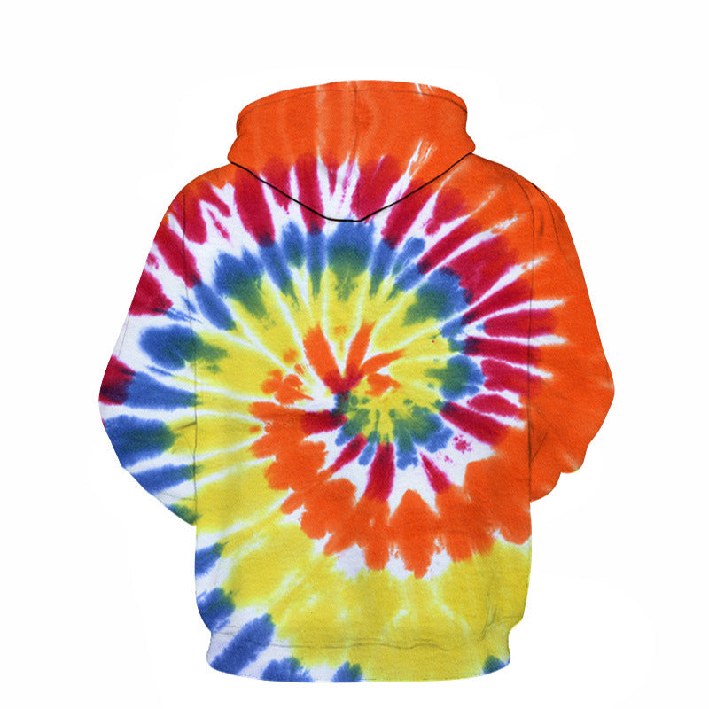 A Maramalive™ 3D Digital Printing Couple Wear Trend Fashion Sweater Hoodie with a vibrant tie-dye pattern in red, orange, yellow, green, blue, and white showcasing a central spiral design from the back. Crafted from durable polyester fiber, it exemplifies European and American style.